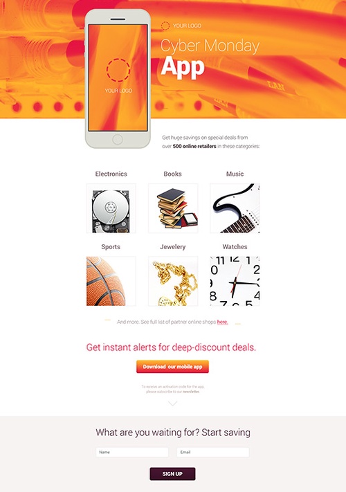 Cyber Monday Landing Page Design orange von GetResponse