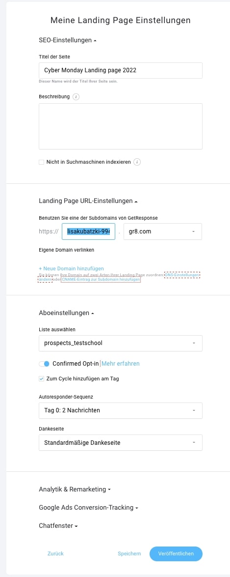 Landing Page Einstellungen in GetResponse