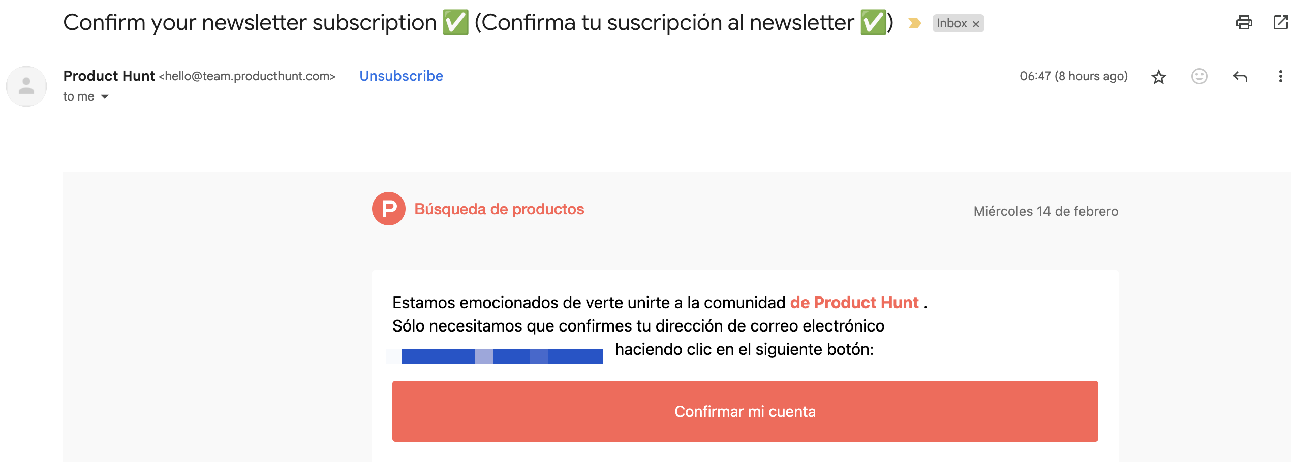 ejemplo de suscripción a newsletter de Product Hunt