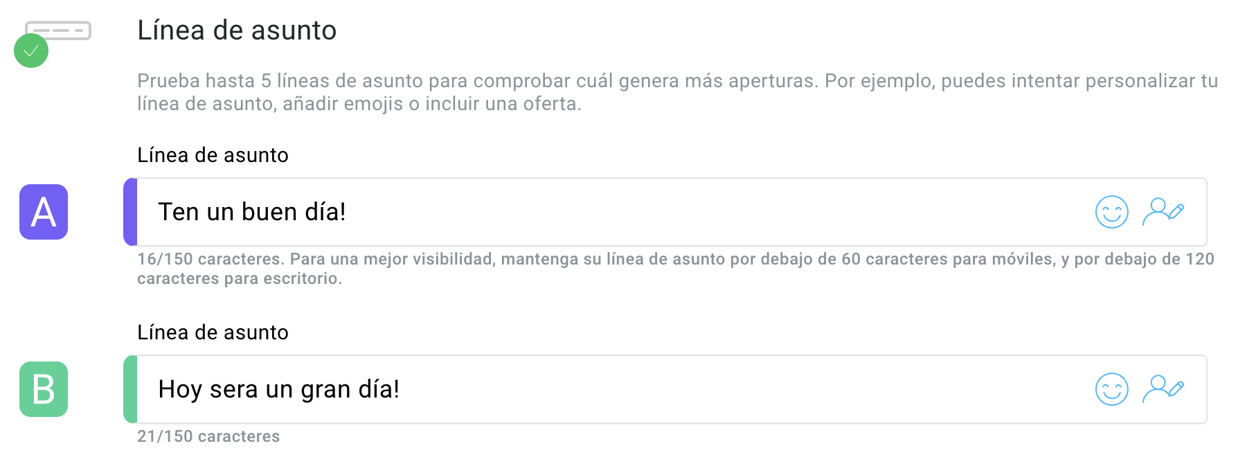 ejemplo de línea de asunto en una prueba A/B de email marketing en GetResponse