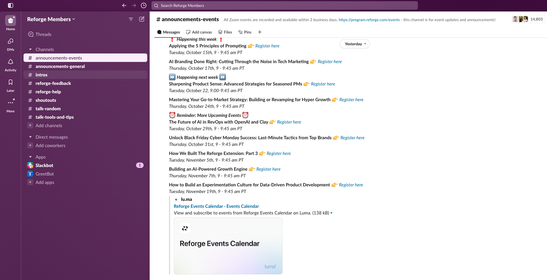 Reforge Slack community for active course students